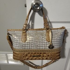 Brahmin Croc-Embossed Tan and White Shoulder Bag